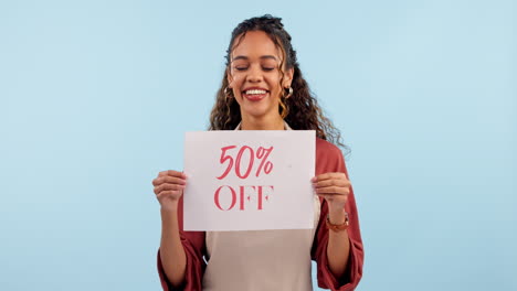 happy woman, small business and sign for discount