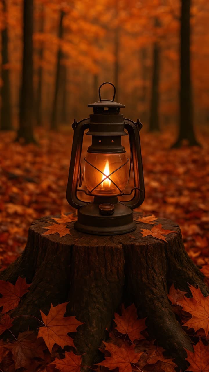 A vintage lantern on a tree stump amidst autumn leaves, captured at eye level