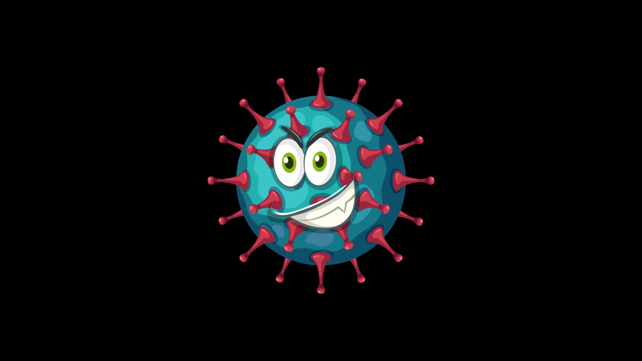 A playful virus character animates across changing backgrounds, transitioning between black, white, and green screens