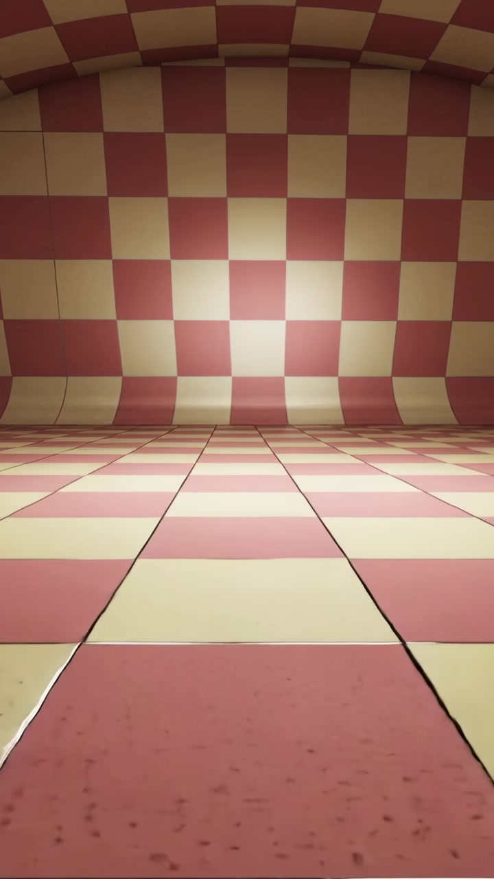 Vertical video: Shot starting camera pulling back revealing studio checkerboard floor and seam