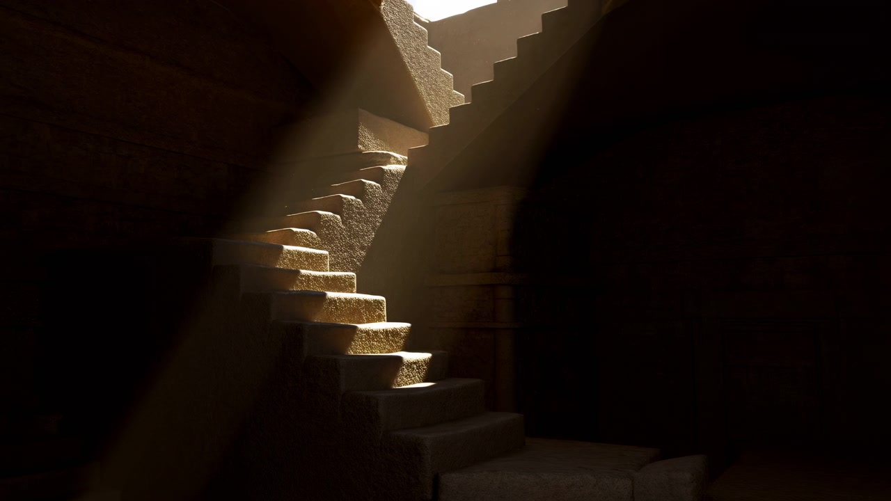 Scala a Chiocciola in Pietra Inondata di Luce, Fascio Polveroso Attraversa Camera Sotterranea, Riflessi Ambra Caldi