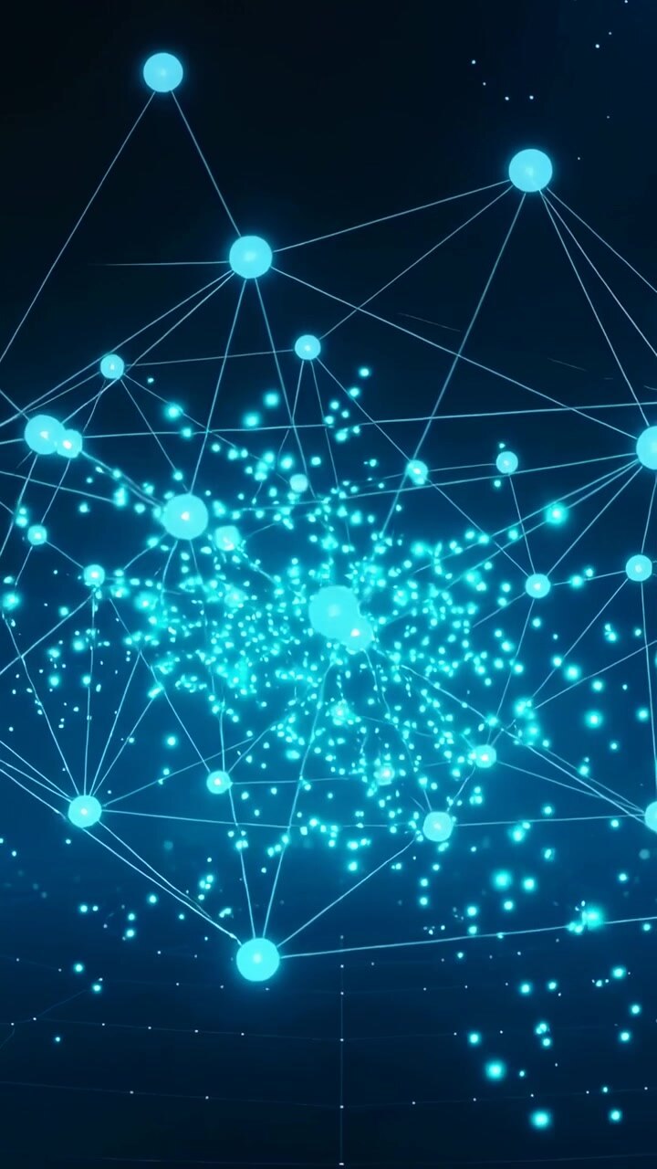 Vertical video: Converging cyan nodes forming network with edges and dense core on grid in dark 3D