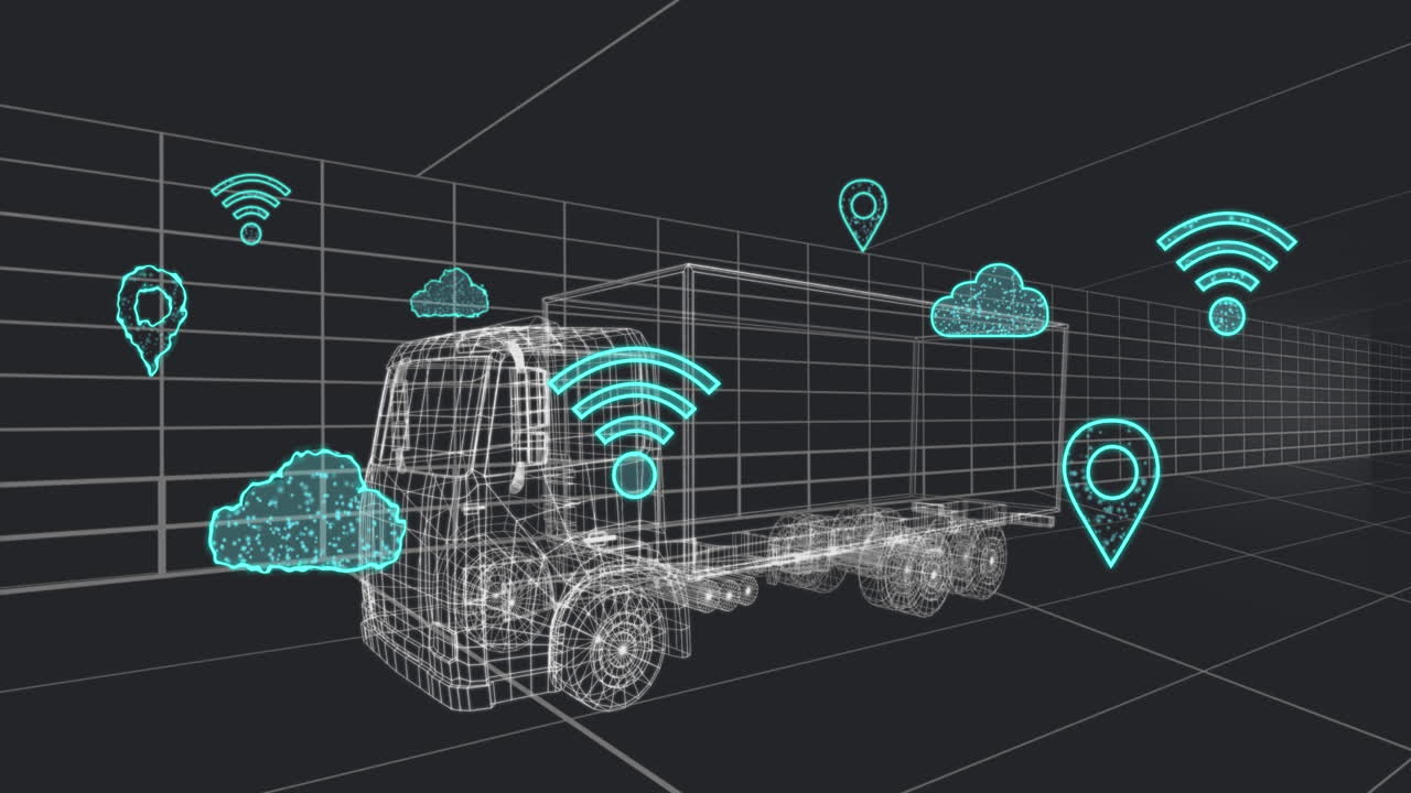 animación de múltiples iconos digitales sobre un modelo de furgoneta 3d que se mueve en un patrón sin costuras en un túnel