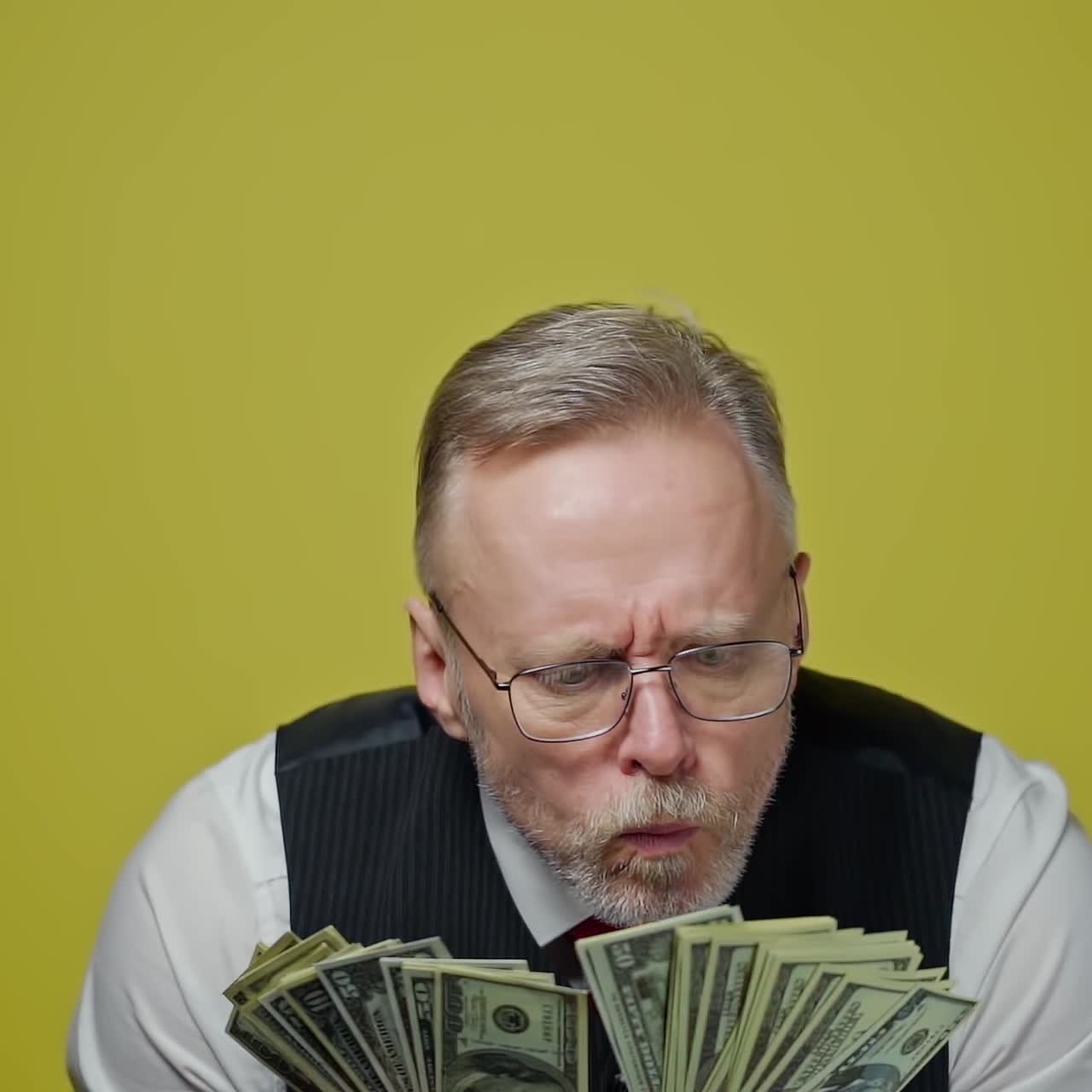 Excited old man with many dollar bills. Mature man in glasses looks at money on yellow background. Funny elderly man holds dollars.