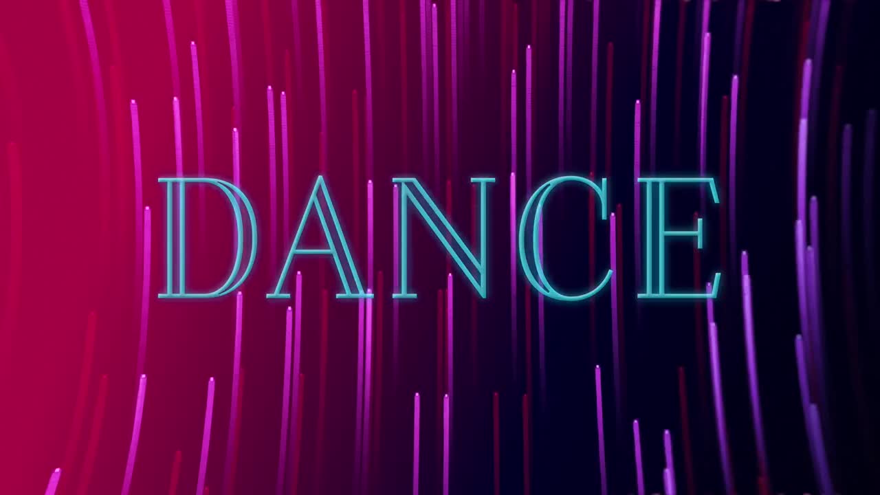 Animation af "dans"-tekst over lilla lys på mørk baggrund