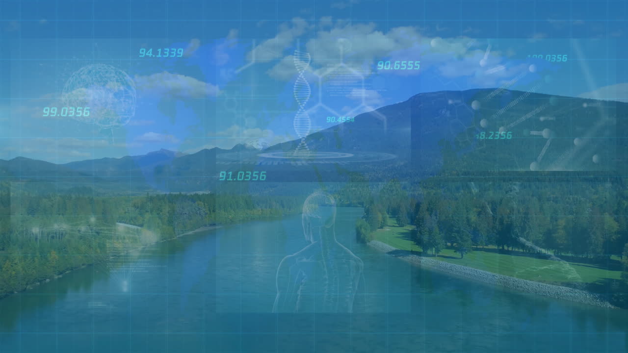 Animated illustration showing floating DNA helix, brain scan and molecular icons over river valley