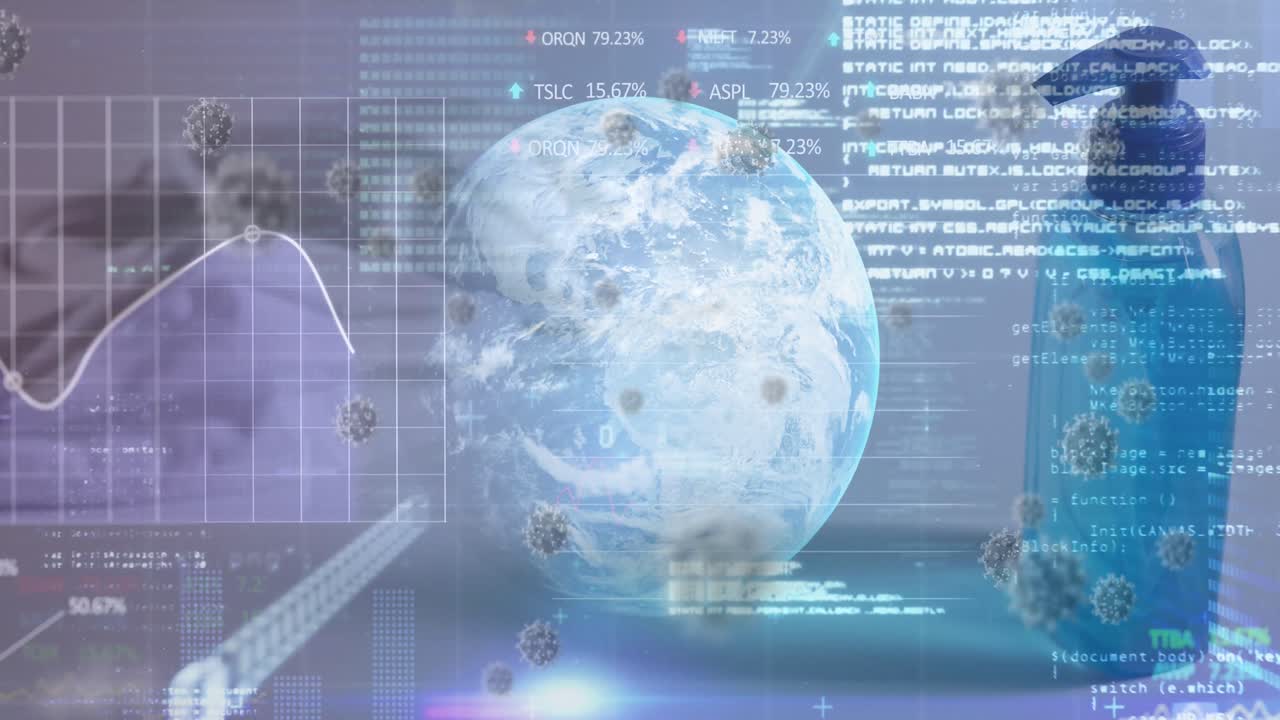 그래프와 데이터 레코딩과 수소 알코올 젤 위에 회전하는 지구의 애니메이션