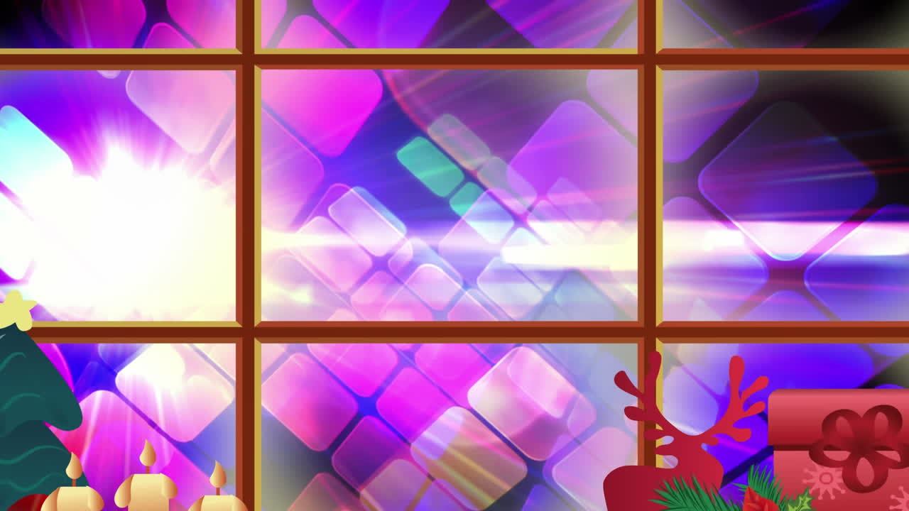 animación de un mosaico púrpura brillante visto a través de una ventana con decoración navideña