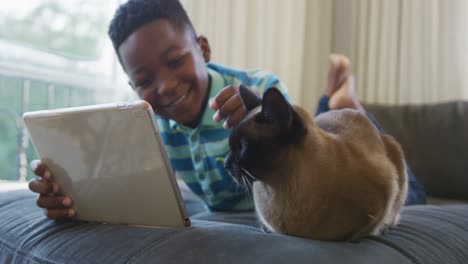 happy african american boy lying on couch using tablet,stroking siamese pet cat and smiling