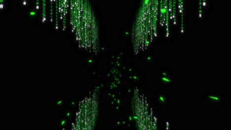 green digital data matrix effect falling from both sides of the screen with floor reflections and creating a tunnel on black background 3d animation