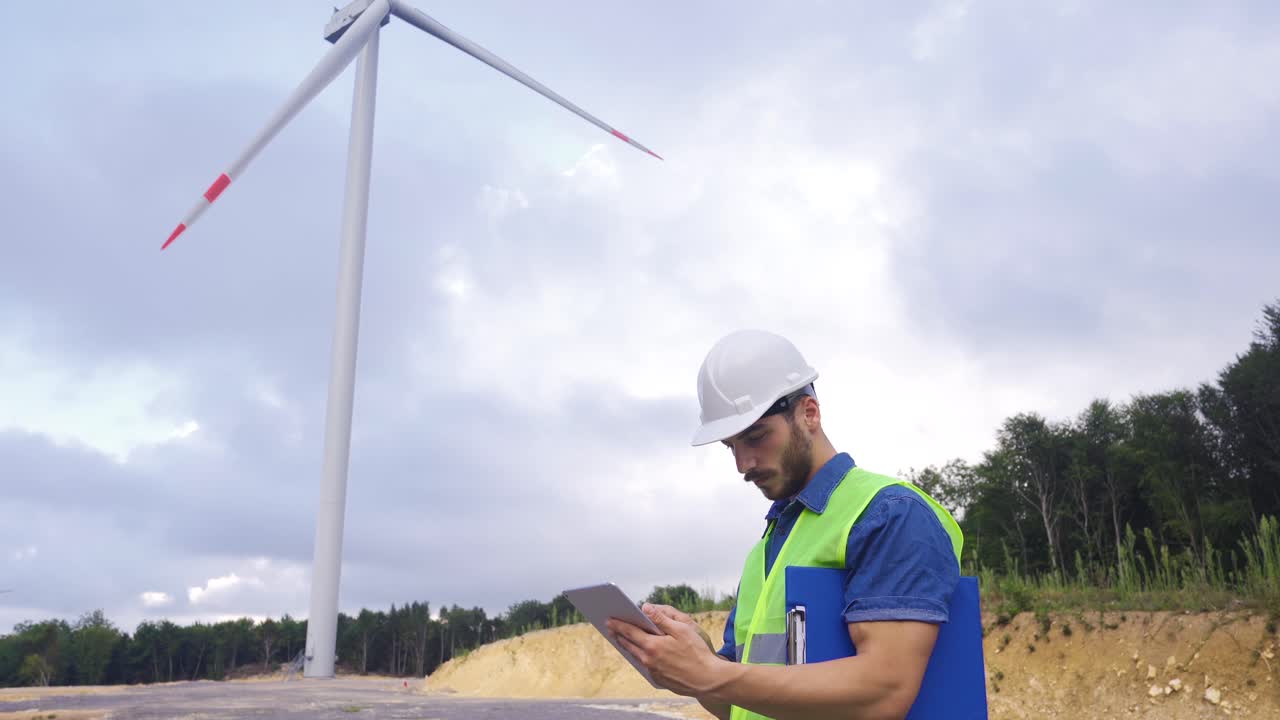 ingeniero usando una tableta digital en una granja de turbinas eólicas.