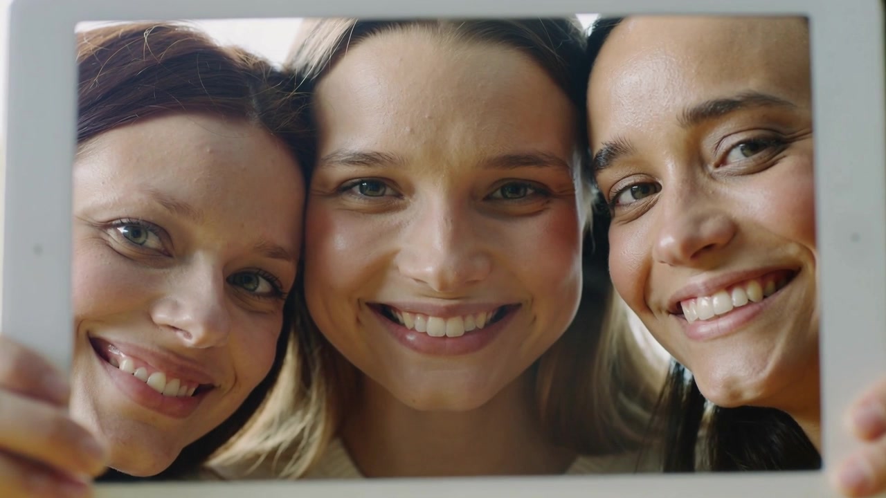 Tre smilende kvinder læner sig, smiler bredere, mens en hvid tablet holdes op i et rum til en selfie.