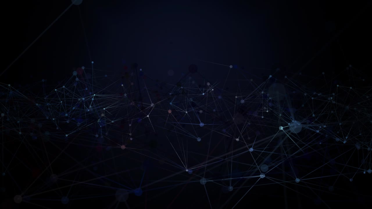 Abstrakt Plexus-bakgrunnsanimasjon som viser et futuristisk nettverkskonsept med digitale og teknologiske elementer, der abstrakte bevegelige prikker kobles sammen med linjer i en 3D-gjengivelse.