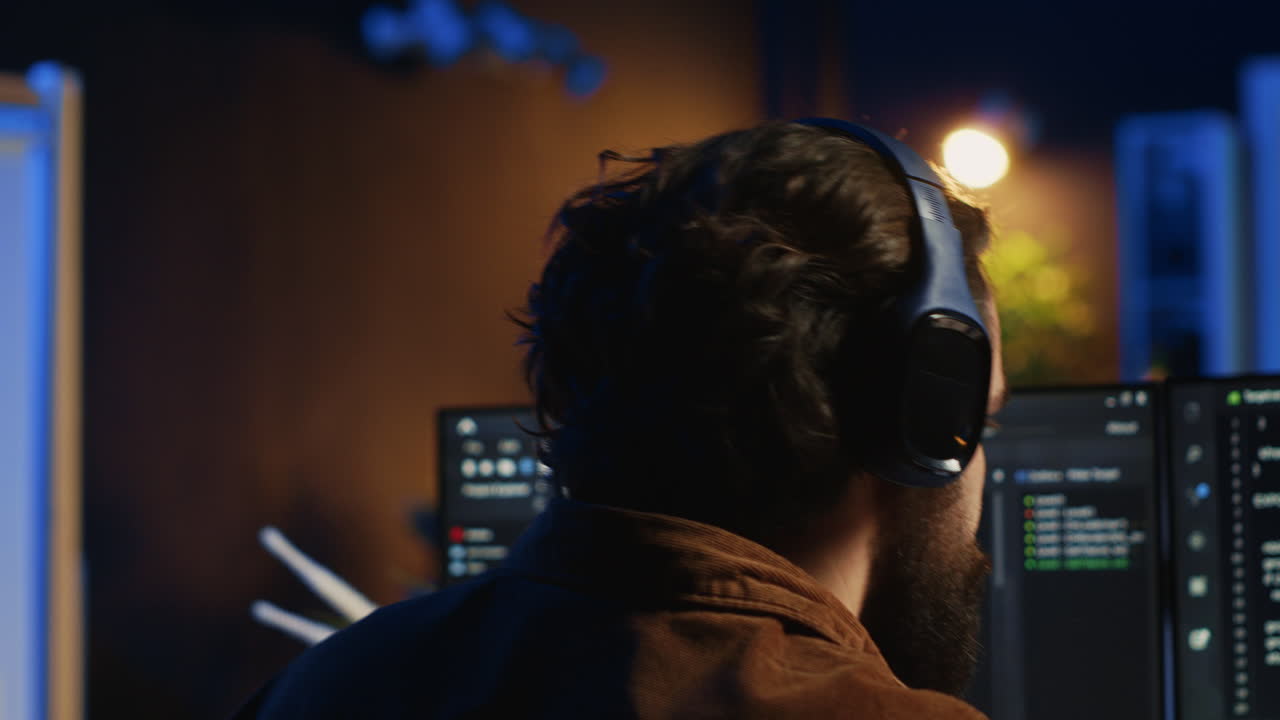 técnico escuchando música mientras usa codificación para fortalecer los cortafuegos