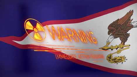 warning sign animation over flag with eagle and spear