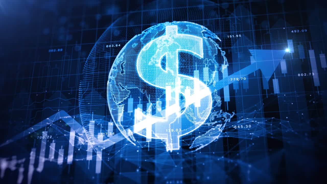 icono de dinero, finanzas globales negocio de dólares estrategia de inversión competencia, seguridad de inversión análisis de datos tecnología de inteligencia artificial gráfico futurista símbolo de bolsa de valores finanzas
