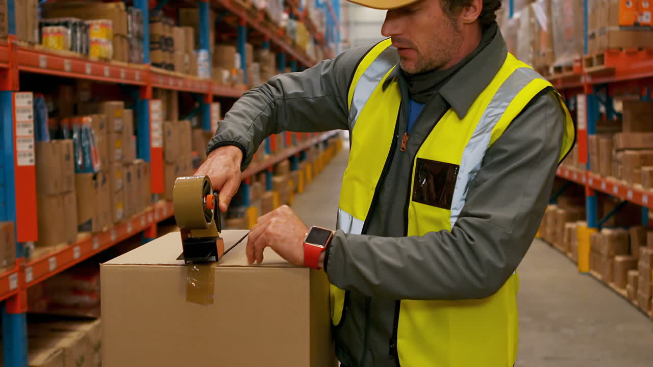 trabajador masculino empaquetando cajas de cartón