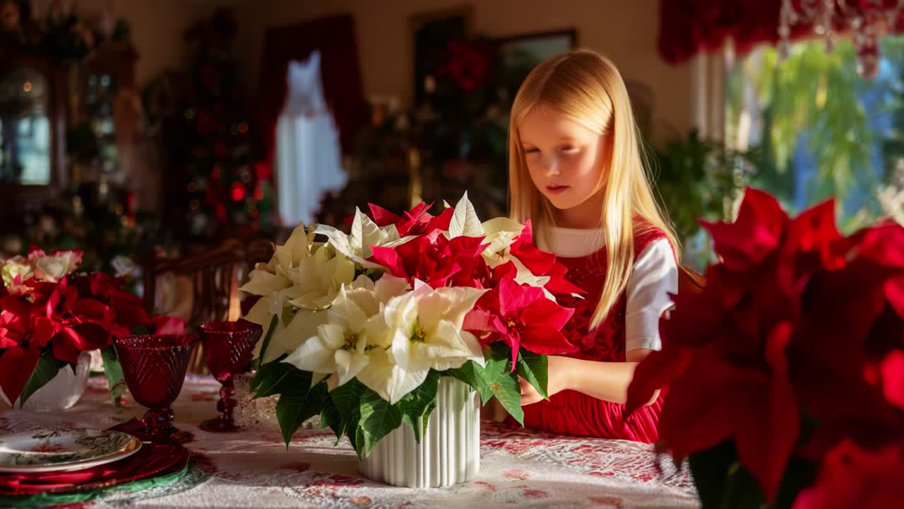A young girl carefully arranges vibrant red and white poinsettias on a beautifully set dining table, surrounded by festive decor that captures the warmth of the holiday season