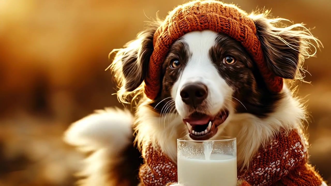 Şapkalı köpek doğada süt keyfi yapıyor. Örgü şapkalı bir köpek sonbaharda bir tarlada otururken süt içiyor. Güneş parlıyor ve sıcak bir sahne yaratıyor