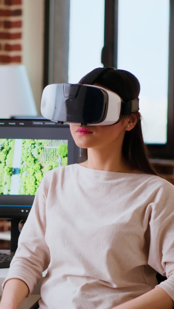 Vertical Video Asian modern editor using virtual reality glasses and mixing video clips
