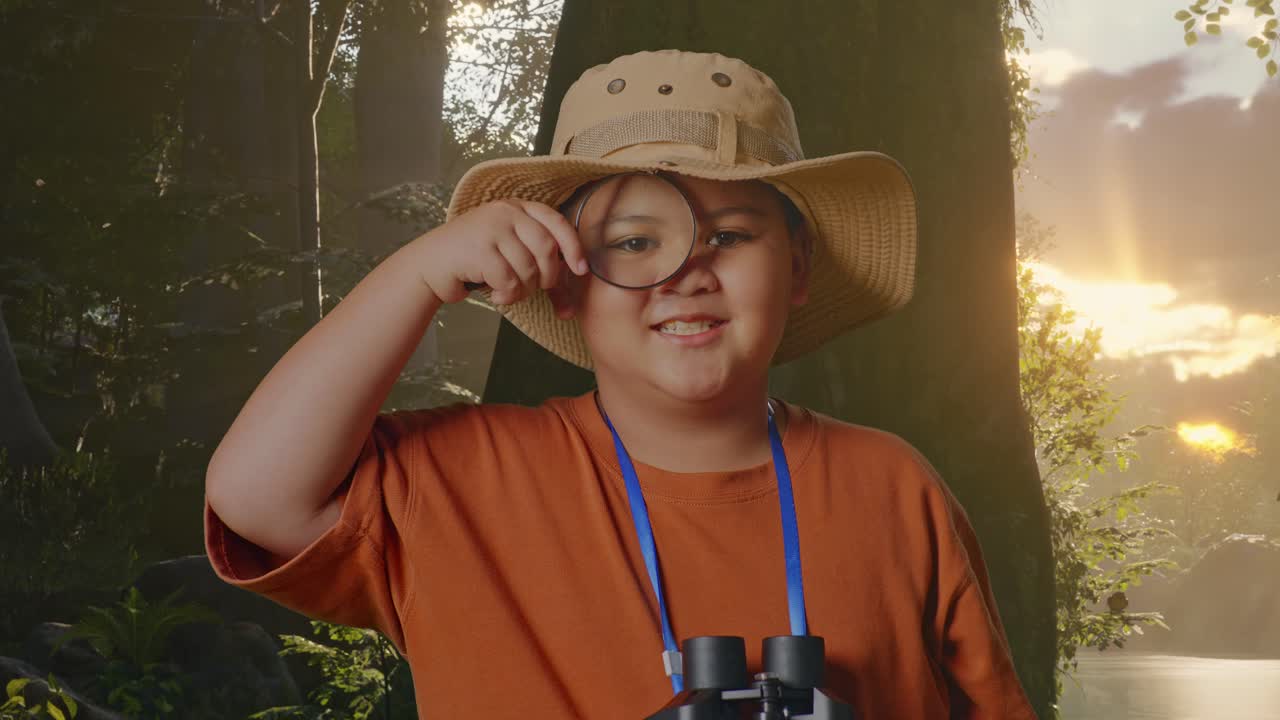 niño asiático con un sombrero y binoculares mirando a través de la lupa examina algo mientras explora la naturaleza del bosque. niño investigador, concepto de aventura de turismo de viaje, de cerca