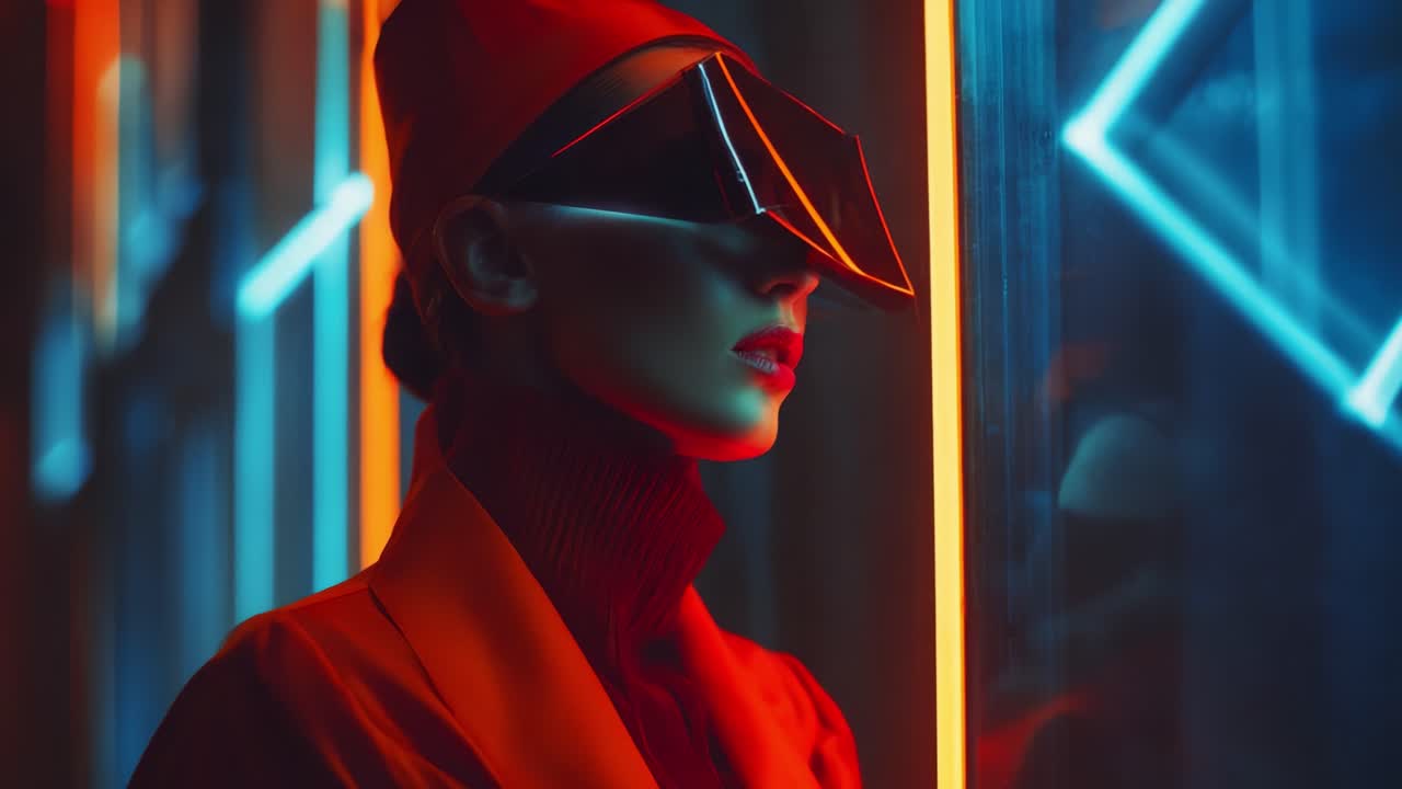 A futuristic figure dressed in striking red and black attire stands against a backdrop of vibrant neon lights, showcasing a bold combination of fashion and technology