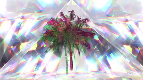 animation of palm trees moving over glowing crystals