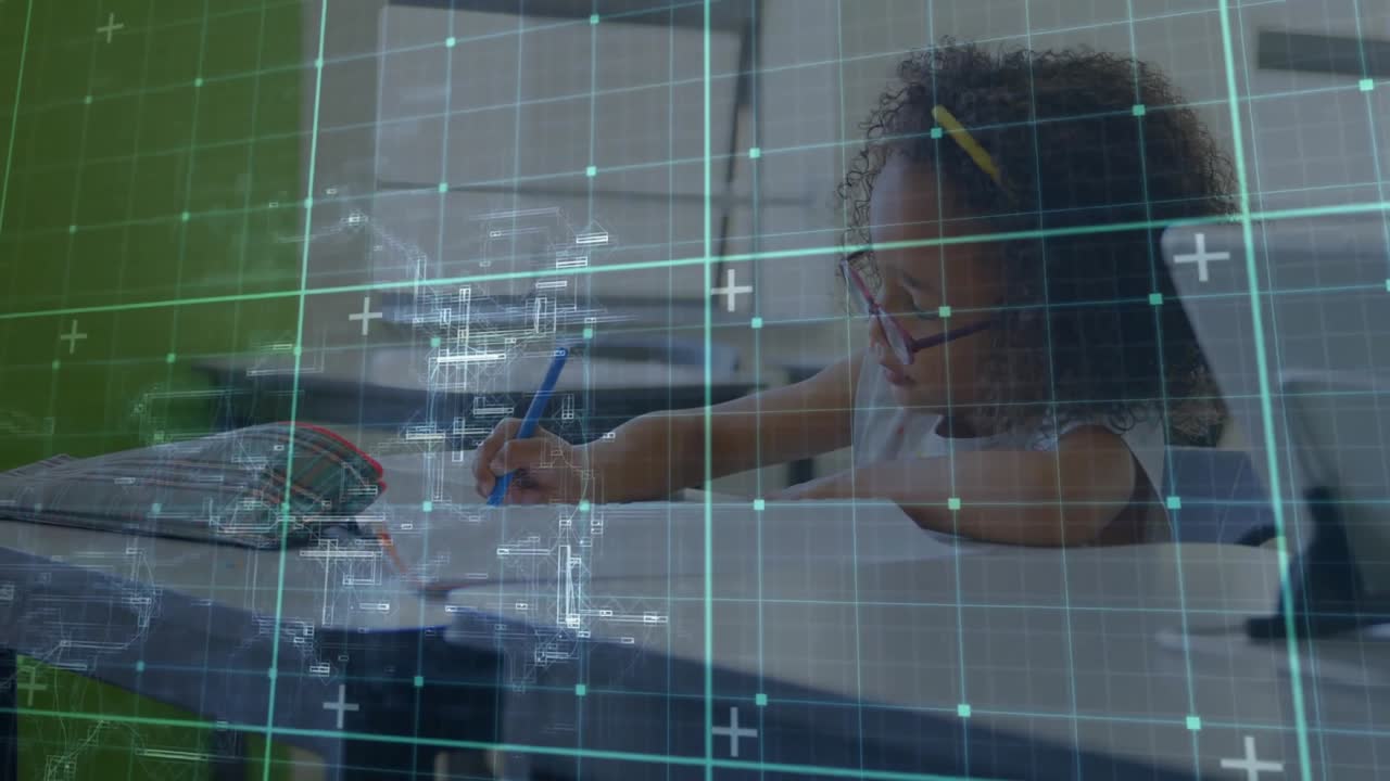 Girl lifting blue pencil to paper writing lines with animated grid overlay showing study process