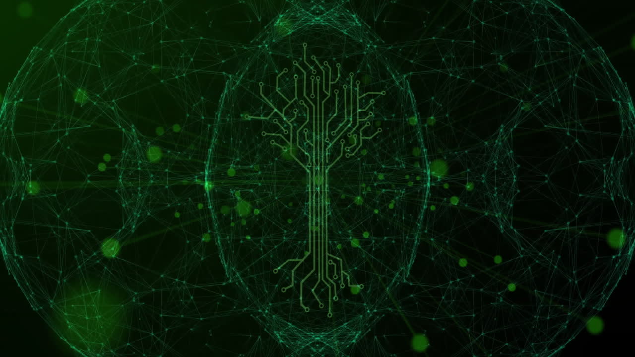Animation of circuit tree design with glowing green connections over digital network