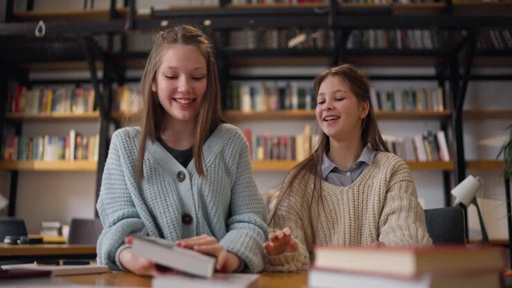 Ragazze adolescenti che leggono insieme in biblioteca
