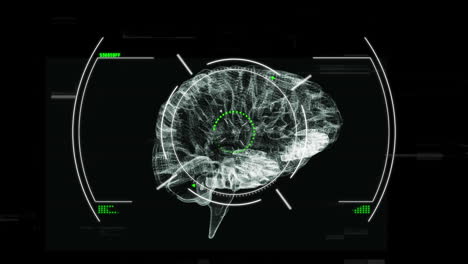 animación del efecto de glitch y escaneo de alcance sobre el icono del cerebro humano giratorio en fondo negro.