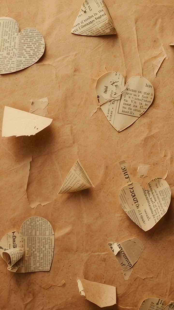 Vertical video: Panning camera revealing paper hearts and cones with tape on kraft paper for detail
