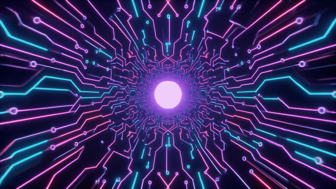 Tunnel di Circuito Digitale Astratto con Luci al Neon Scintillanti