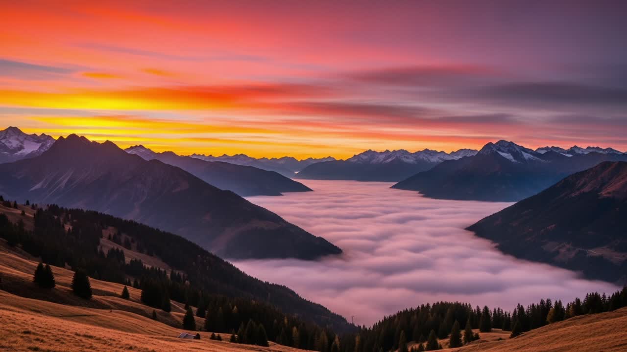 Breathtaking Sunrise Over Foggy Valley and Majestic Mountains at Dawn Captured in Vivid Colors, Inviting Nature Enthusiasts to Experience Serene Landscapes
