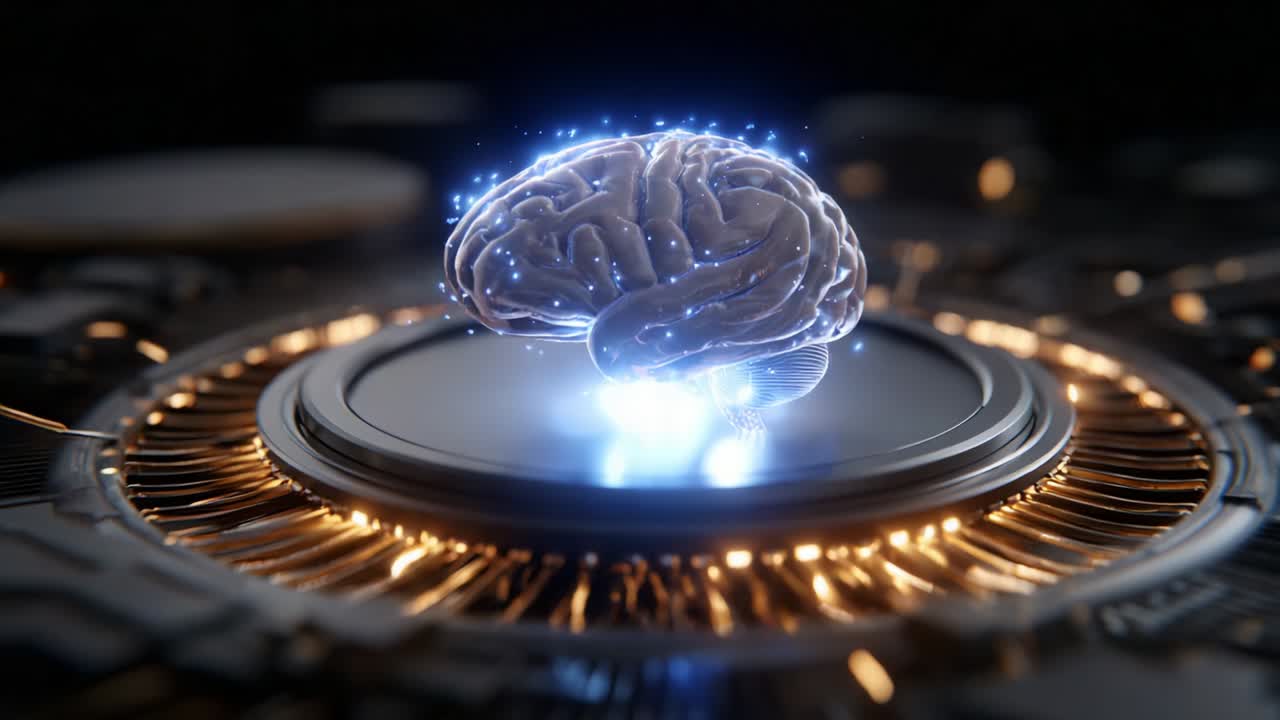 A Stunning Visual Representation of a Glowing Brain Hologram Sitting on a Futuristic Base, Featuring Dynamic Light Effects That Illustrate the Complexity of Thought and Intelligence in a Digital World