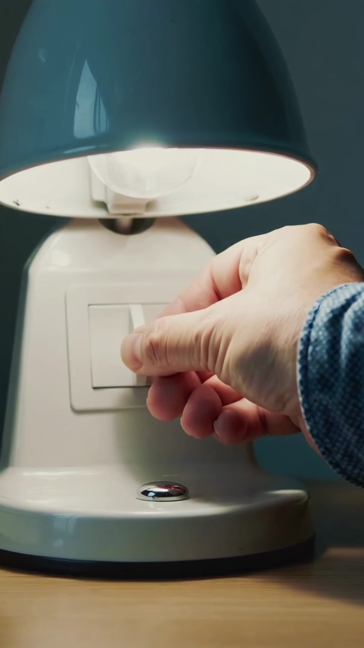 Vertical video: Entering right hand in denim sleeve toggling rocker on tabletop lamp, dimming light