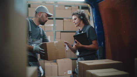 delivery workers manage packages in a van, featuring teamwork and digital inventory checking
