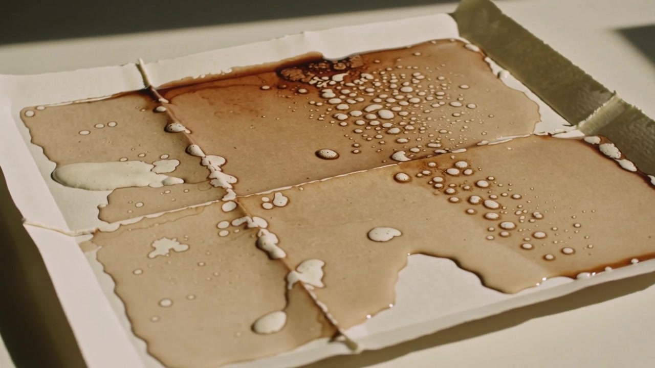 Moving camera showing paper in tray on table, droplets merging, pale drop spreading to show stains