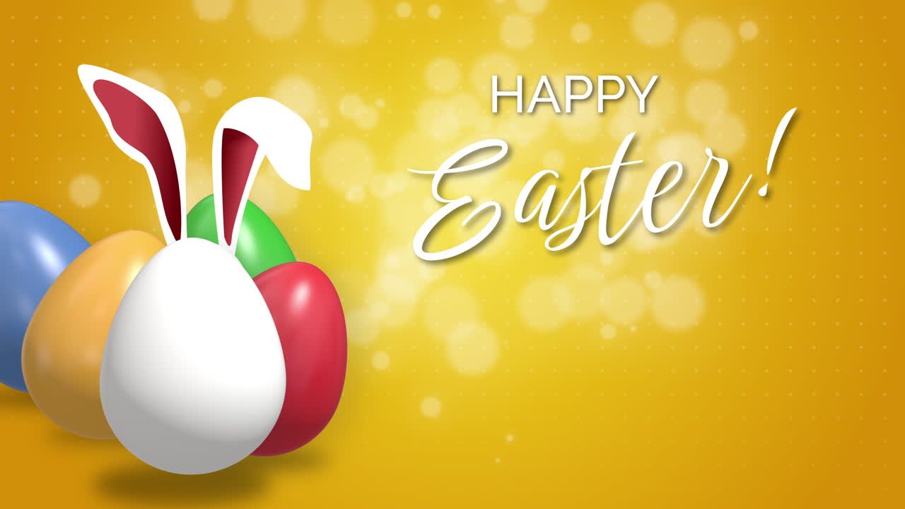 Colored Easter eggs on a yellow animated background with particles. Happy Easter. Fun animation with Easter bunny ears. Looped video.