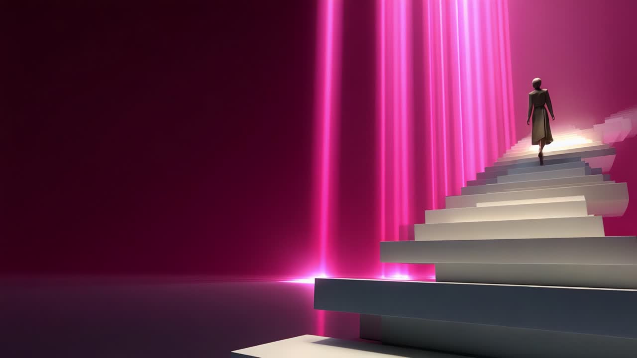 A captivating journey unfolds as a figure ascends elegantly up pristine white stairs illuminated by vibrant pink beams of light against a dark backdrop, symbolizing hope and exploration into the unknown