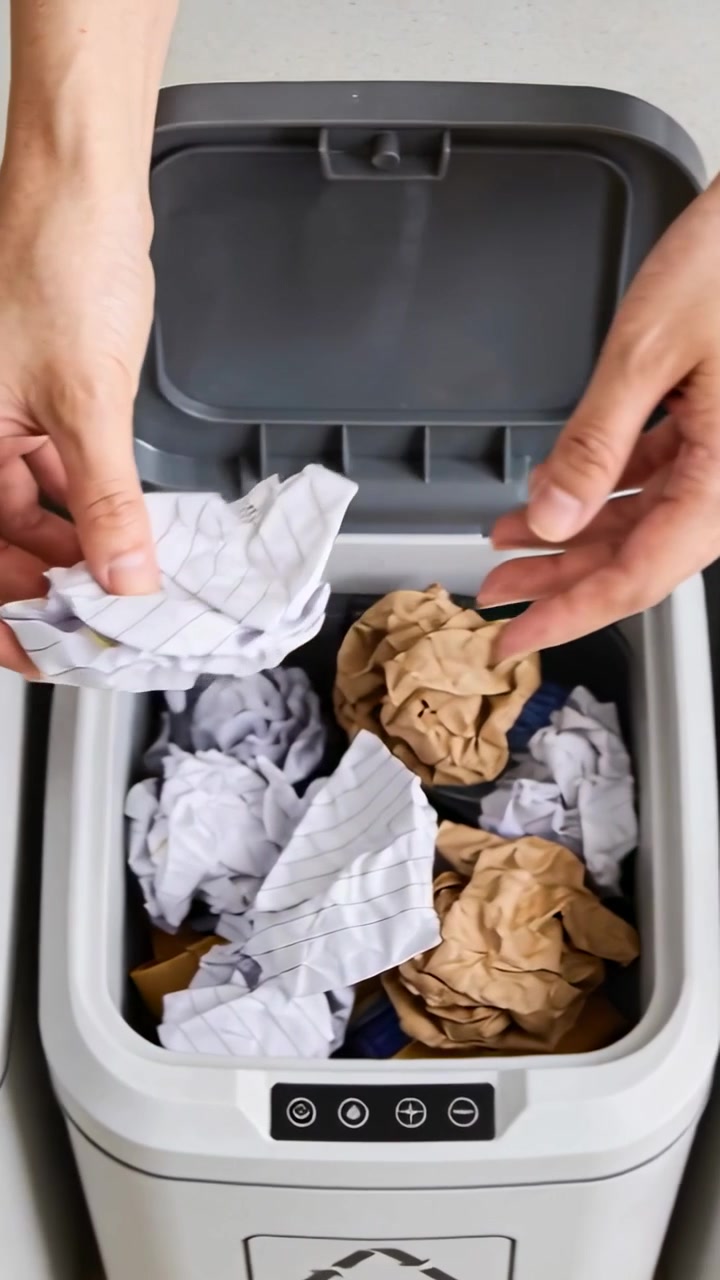 Vertical video: Opening lids, hands crumpling paper on counter, sorting into dual bin, jars