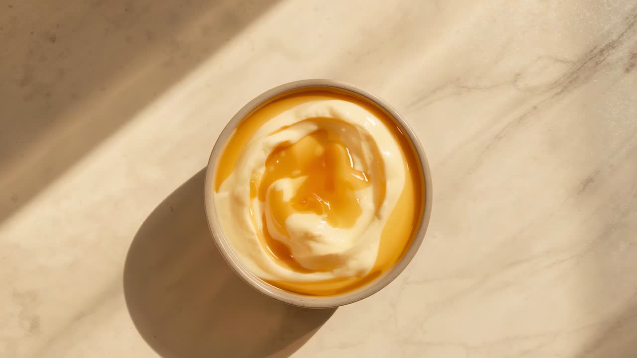 Shifting sun sliding diagonal shadow on marble counter, ramekin holding whipped cream and caramel