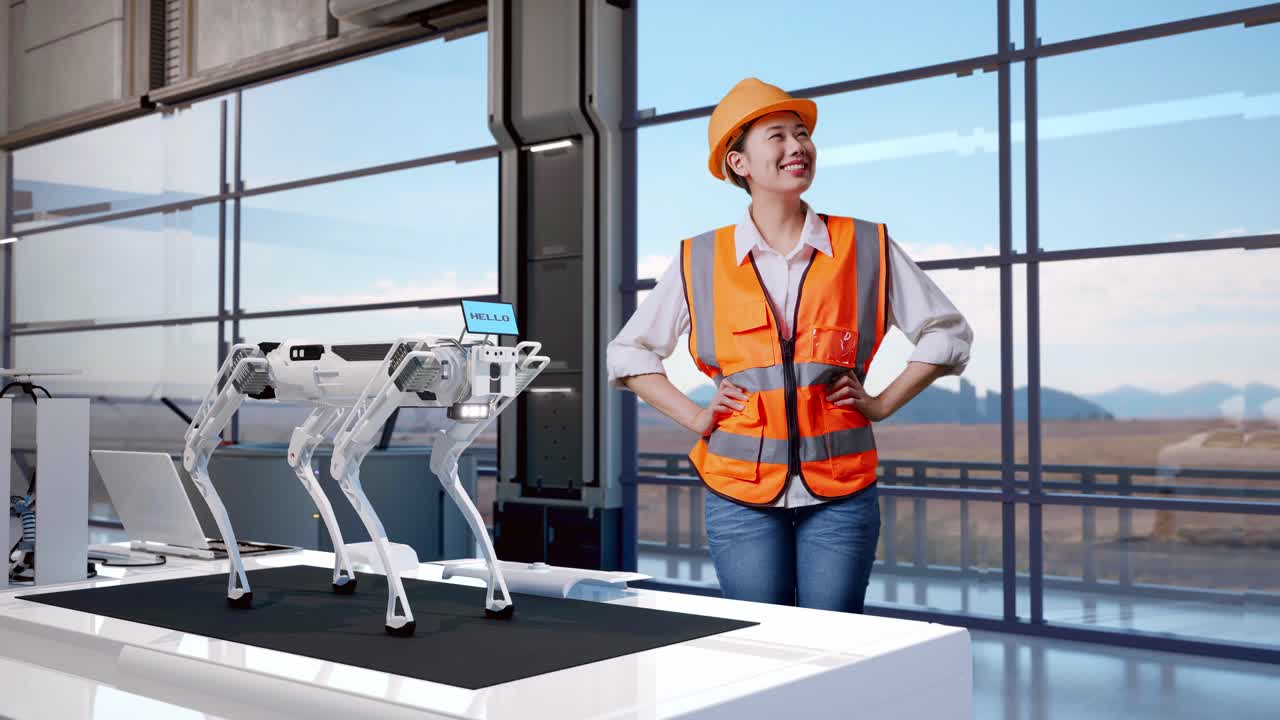 corpo pieno di ingegnere donna asiatica che indossa un casco di sicurezza guardandosi intorno mentre sta in piedi con le braccia akimbo in una fabbrica ad alta tecnologia, analizzando il concetto di macchina robotica