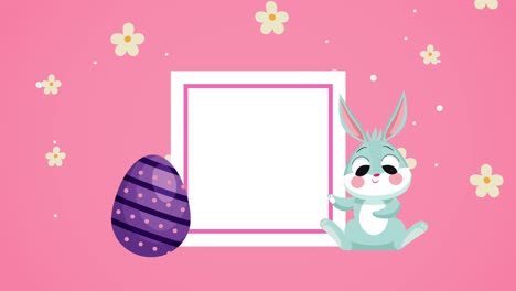 feliz día de pascua con un conejo lindo y un pintor de huevos en un marco cuadrado