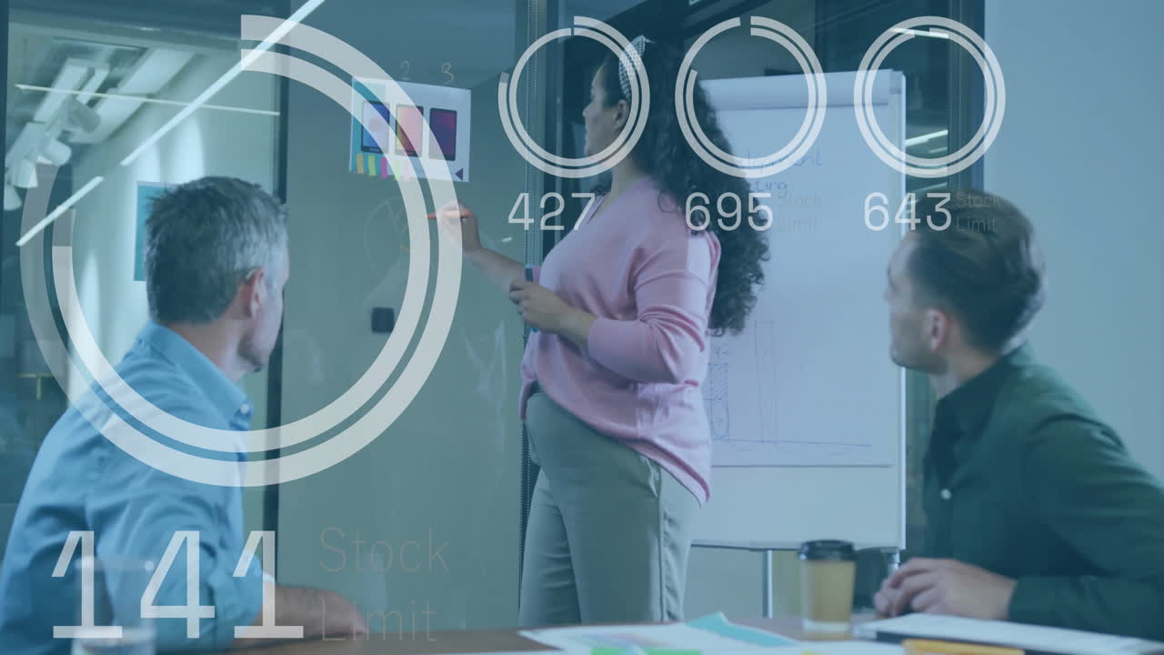 Animation of data processing over diverse business people at meeting