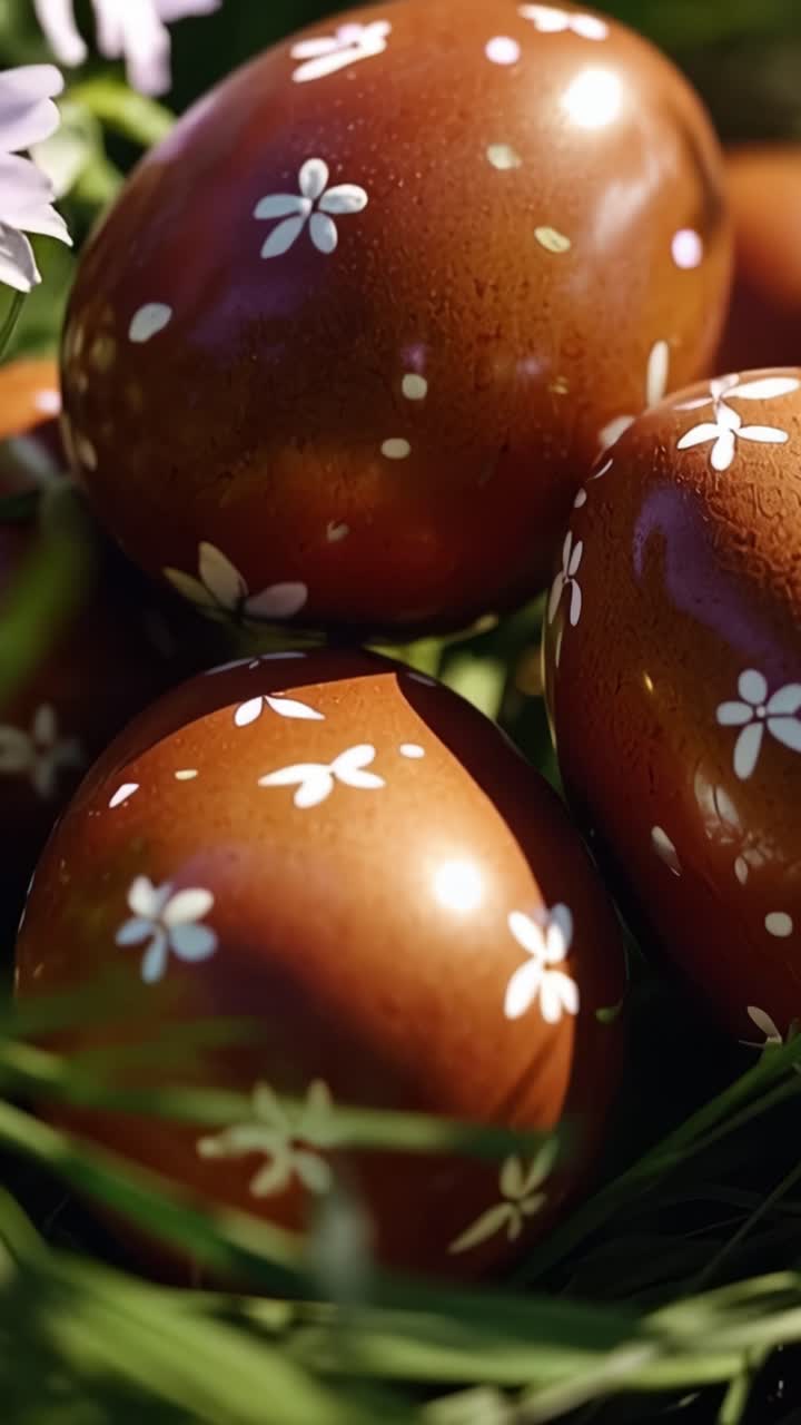 Huevos marrones pintados decorativamente con patrones florales anidados en hierba verde bajo una suave luz natural en un vibrante entorno primaveral, perfectos para celebraciones de temporada