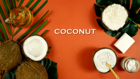 cosméticos de coco con jabones, cremas hidratantes y productos de belleza, fondo bronceado.