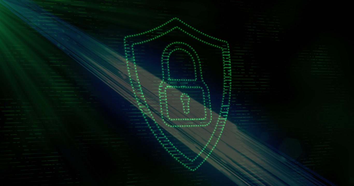 Top-left green light casting rays, neon-green shield forming and rotating, padlock securing data