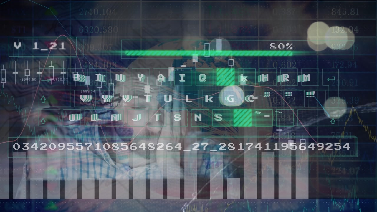 Animation of statistical data processing against stressed caucasian man against globe