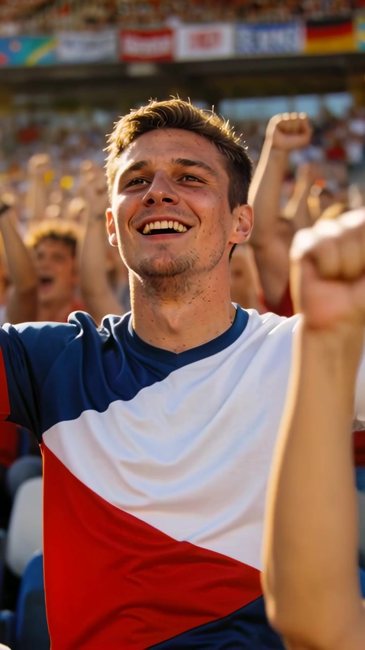 Video vertical: Aficionado masculino animando y reaccionando a la jugada en un estadio abarrotado, con una camiseta tricolor